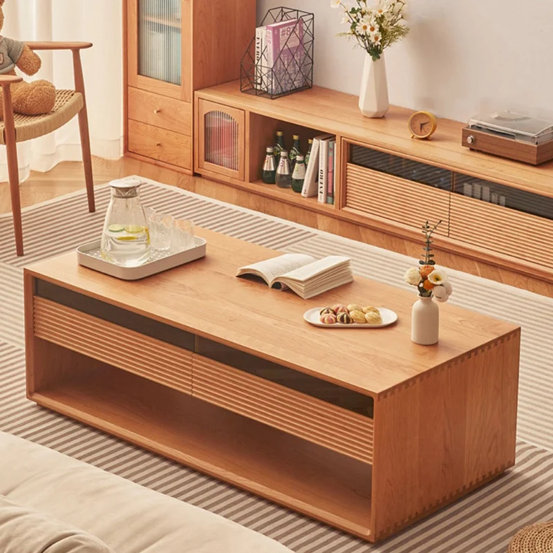 Contemporary Nordic Pine Wood Cherry Wood Fir Wood Plywood Glass Rectangular Coffee Table With 2-Drawers & 2-Cabinets For Living Room