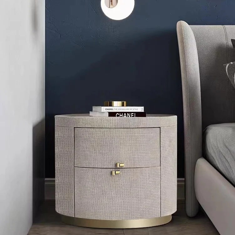 Modern Minimalist Sintered Stone Solid Wood Woven Leather Round Cylindrical Nightstand 2-Drawer For Bedroom
