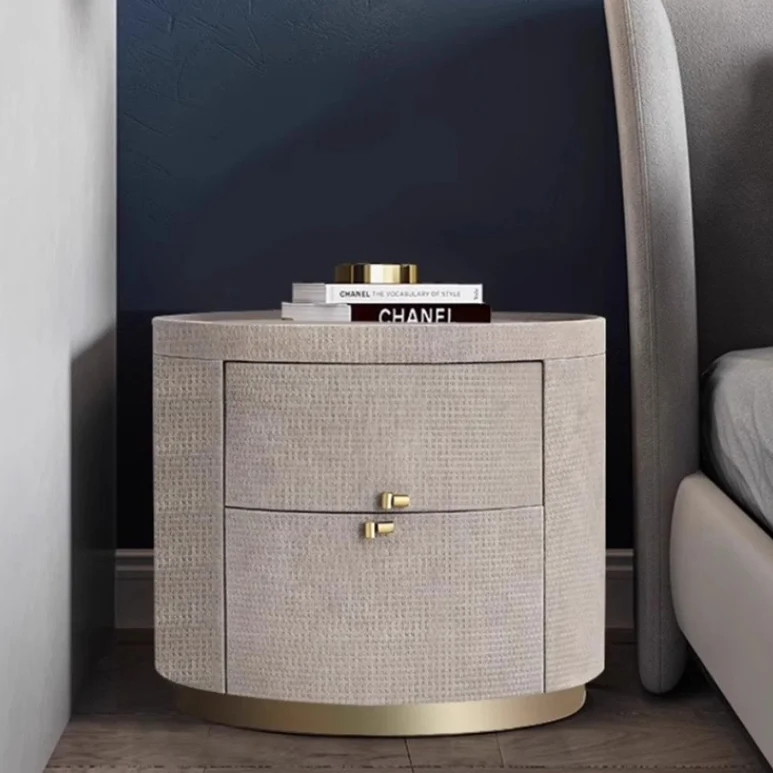 Modern Minimalist Sintered Stone Solid Wood Woven Leather Round Cylindrical Nightstand 2-Drawer For Bedroom