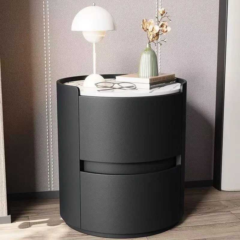 Contemporary Scandinavian Faux Leather Plywood Cylindrical Round Nightstand 2-Drawer For Bedroom