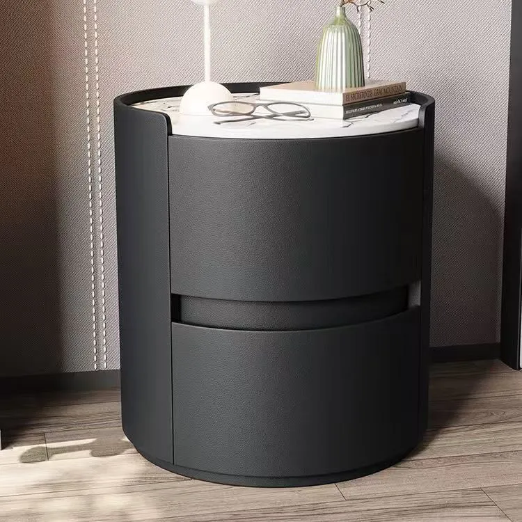 Contemporary Scandinavian Faux Leather Plywood Cylindrical Round Nightstand 2-Drawer For Bedroom