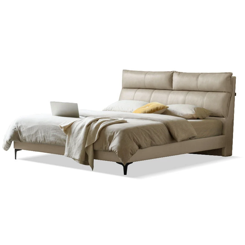Leather Standard Bed Contemporary Wood Frame Bed with Upholstered Headboard