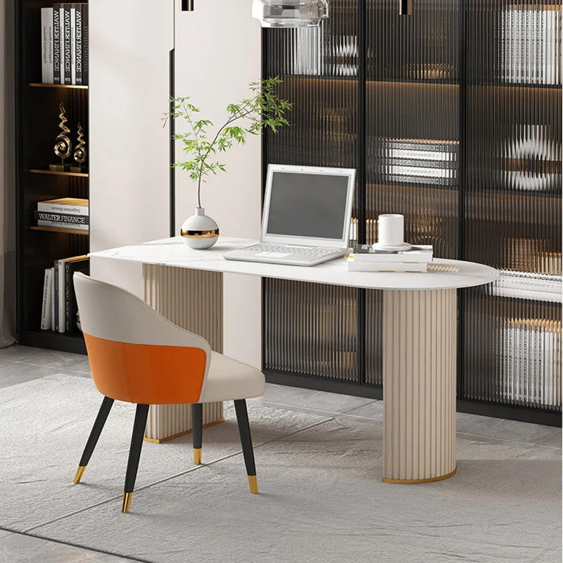 Glam Executive Desk Mirrored Peninsula Writing Desk in White