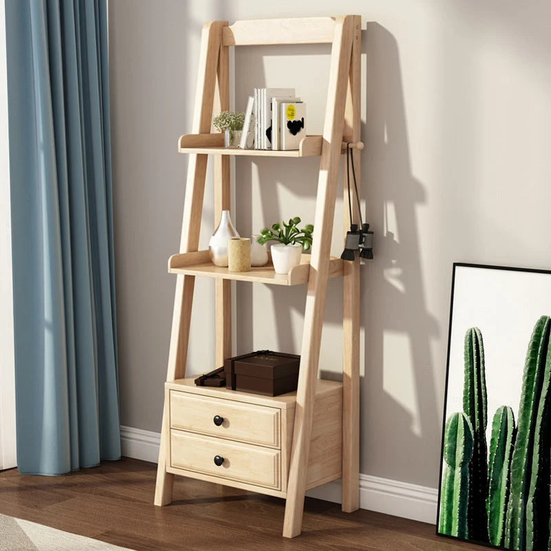 Modern Ladder Shelf Bookcase Rubberwood Open Back Bookshelf for Living Room