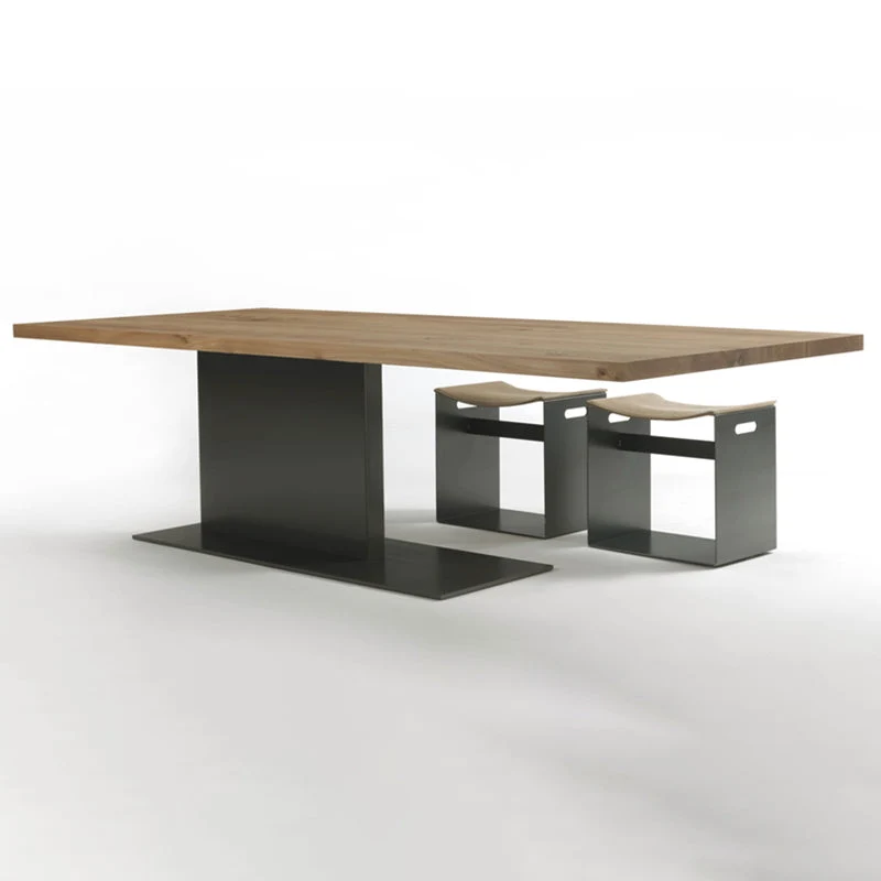 Natural Top Rectangular Table Solid Wood Dining Room Table with Metal Base