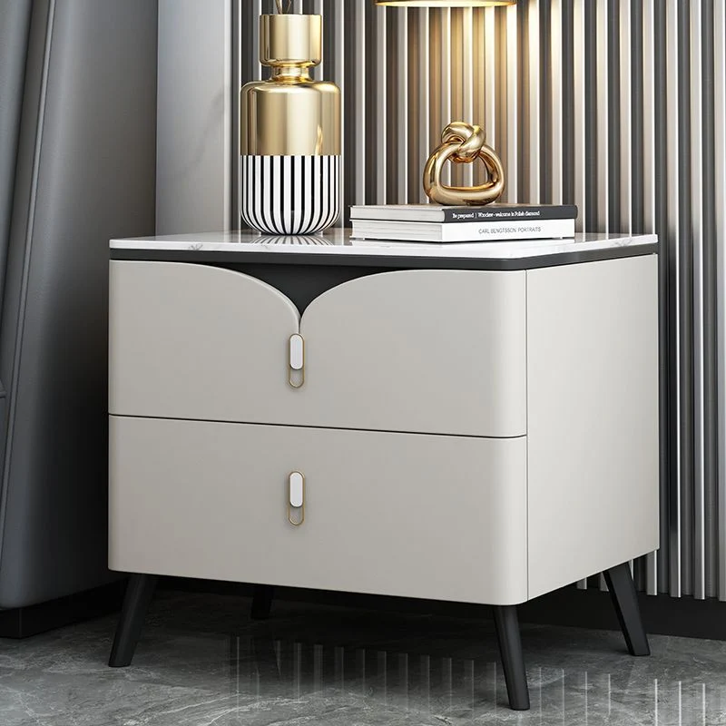 Contemporary Scandinavian Rectangular Rock Slab Solid Wood Microfiber Leather Carbon Steel Nightstand 2-Drawer For Bedroom