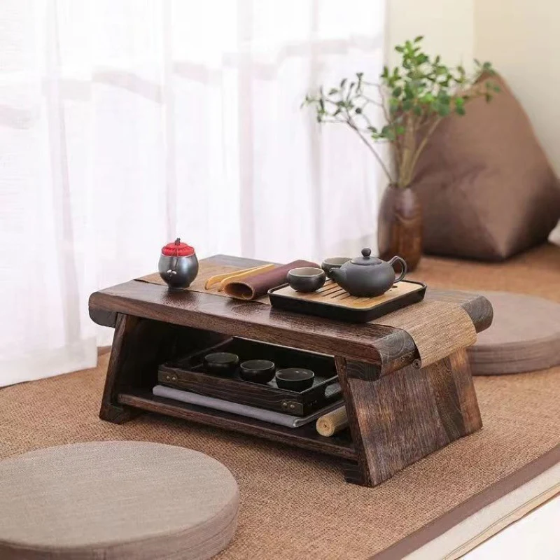 Traditional Japanese Rectangular Solid Wood Coffee Table 1-Shelf For Living Room