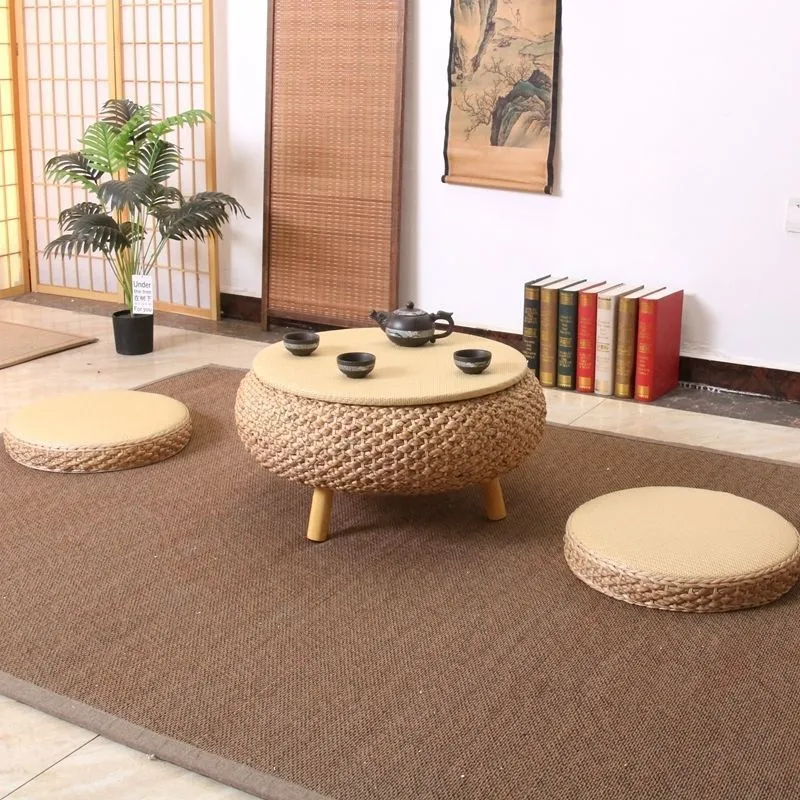 Traditional Japanese Round Daffodil Rattan Solid Wood Coffee Table 1-Storage For Living Room