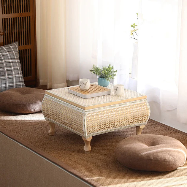 Traditional Japanese Square Bamboo MDF Poplar Wood Coffee Table 1-Storage For Living Room