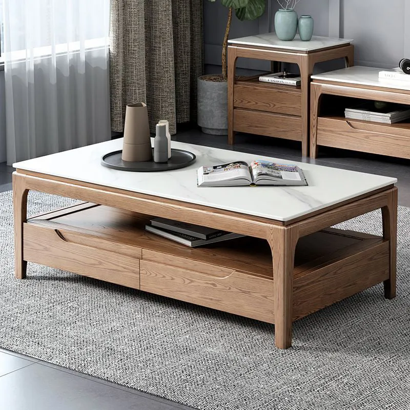 Traditional Chinese Rectangular Ash Wood Rock Slab Coffee Table 1-Shelf For Living Room