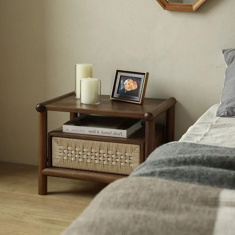 Traditional Japanese Rectangular Black Walnut Kraft Paper Twine Nightstand 1-Drawer For Bedroom