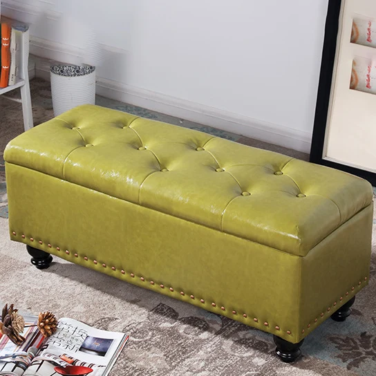 Contemporary Nordic Blockboard Faux Oil Wax Leather Upholstered Rectangular Storage Bench For Living Room