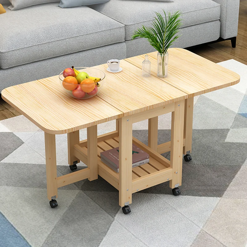 Modern Minimalist Foldable Expandable Rectangular Pine Wood Coffee Table 2-Tier For Living Room