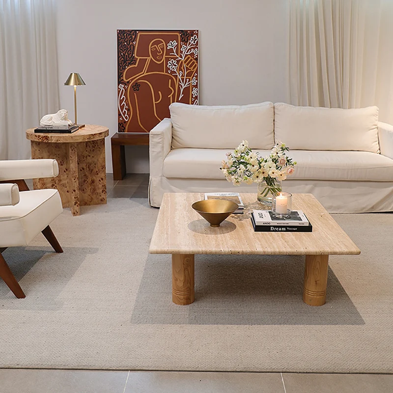 Traditional Vintage Square Solid Wood Frame Marble Tabletop Coffee Table For Living Room