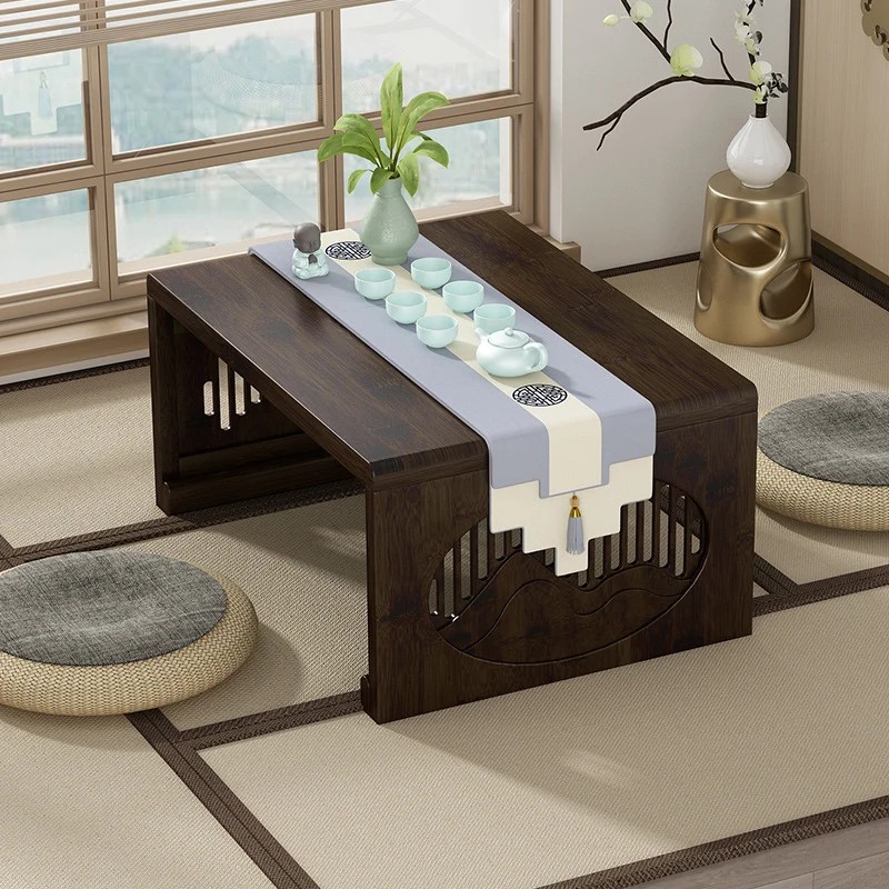 Traditional Japanese Bamboo Rectangular Carving Foldable Coffee Table 1-Tray For Balcony