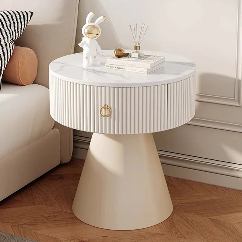 Contemporary Scandinavian Round Cylinder Cone Plywood Carbon Steel Rock Slab Nightstand 1-Drawer For Bedroom