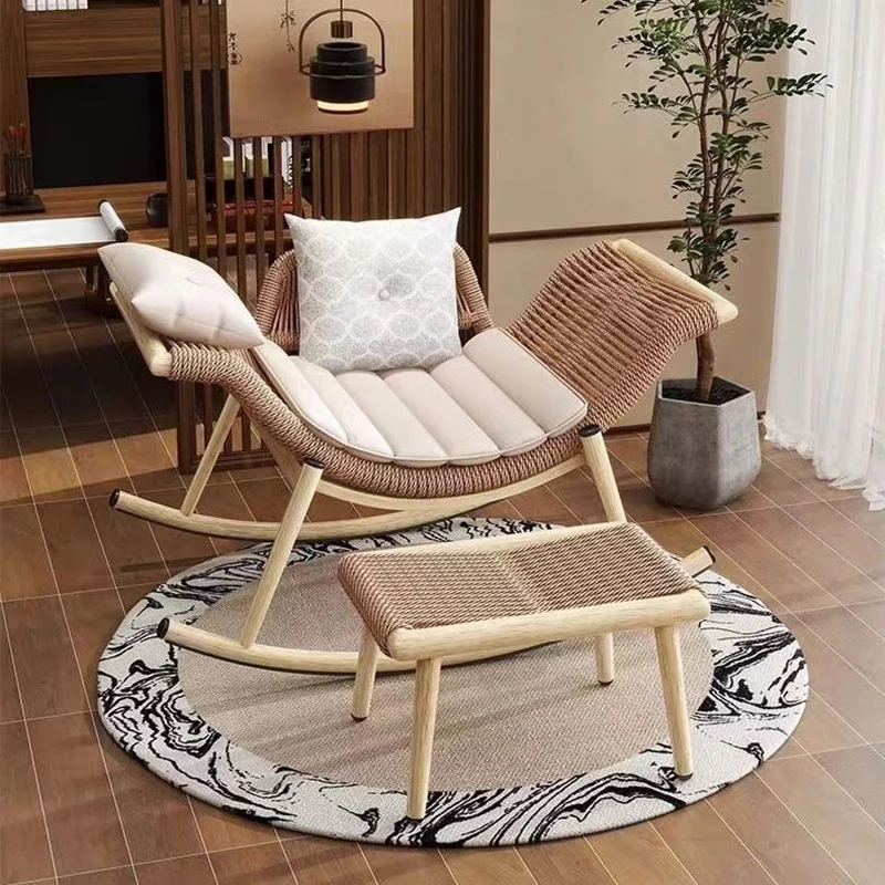 Contemporary Boho Curved PE Rattan Iron Weaving Rocking Chair Patio Chair Headrest Footrest For Balcony