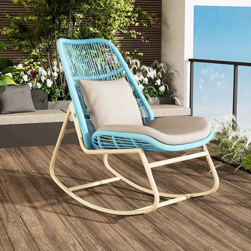 Contemporary Boho Arc PE Rattan Alloy Steel Weaving Rocking Chair Patio Chair With Pillow Cushion For Balcony