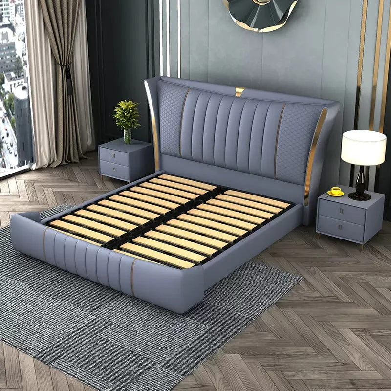 Glam Pine Wood Rectangular Wingback Upholstered Headboard Wingback Bed