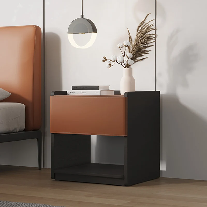 Modern Minimalist Saddle-Style Faux Leather & Plank Square Nightstand With Wireless Charging & 1-Drawer For Bedroom