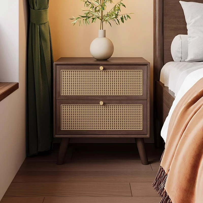 Traditional Chinese Rubberwood & Rattan Rectangular Nightstand With 2-Drawer For Bedroom