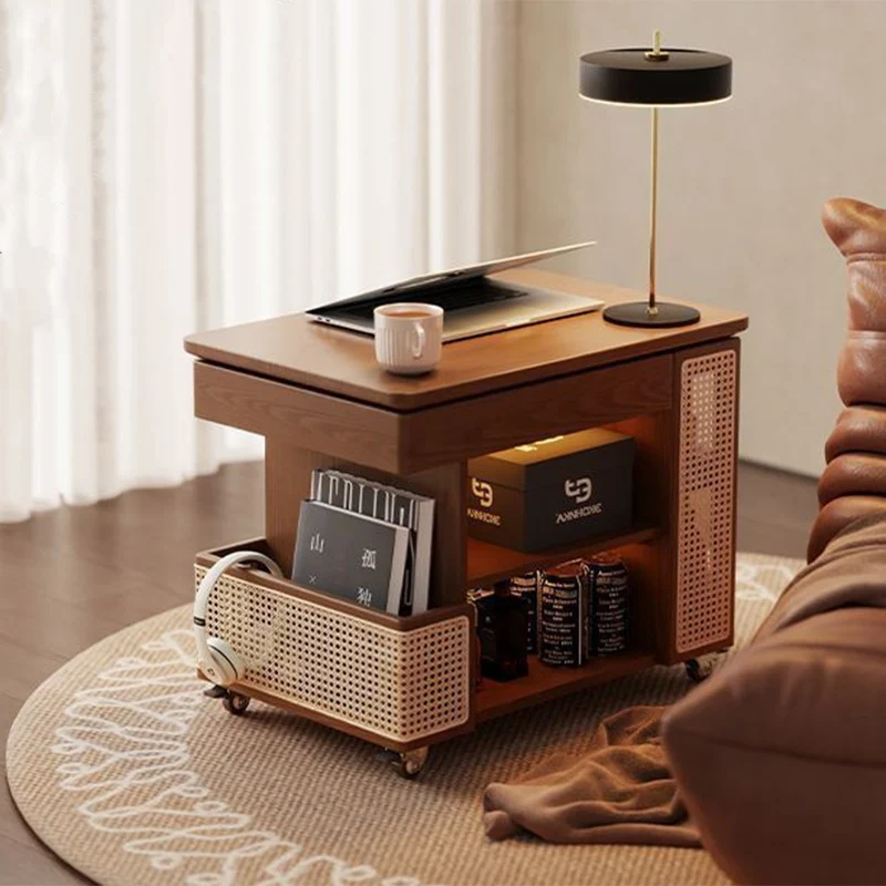 Contemporary Retro Eco-Friendly Engineered Wood PE Rattan Glass Bus-Shaped Rectangular Side Table With 5 Storage Cabinets And Lift-Top Design For Living Room And Bedroom