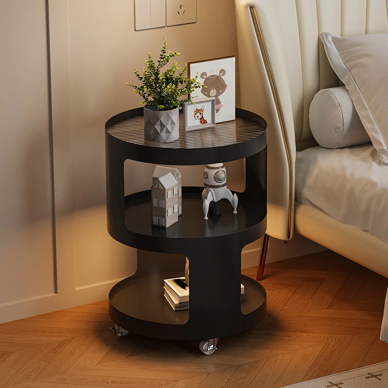 Modern Minimalist Iron And Striped Glass Round & Square Movable Side Table With 3 Tiers For Living Room And Bedroom