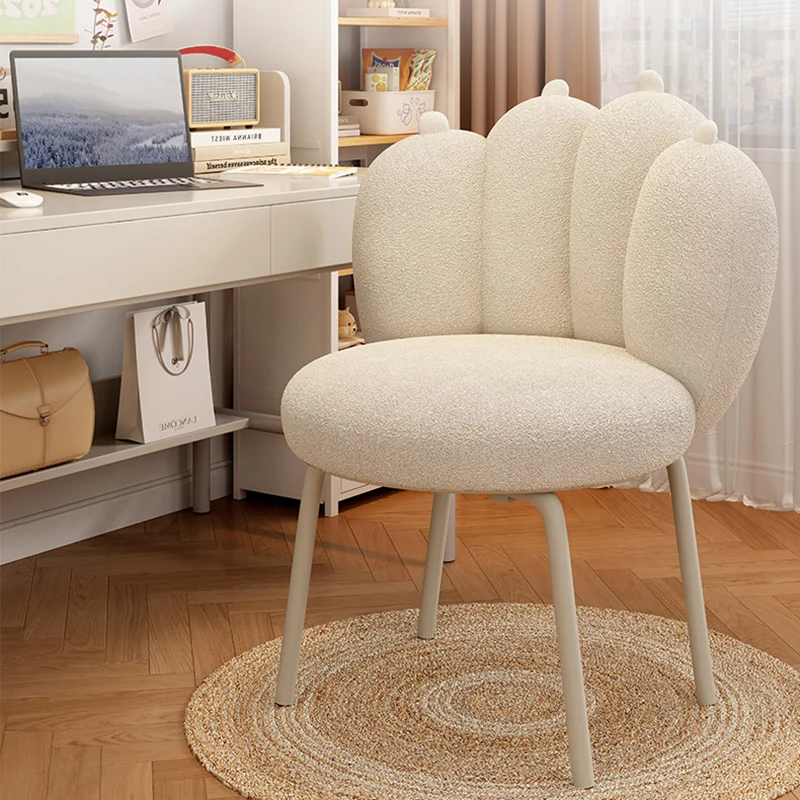 Contemporary Nordic Sherpa Fabric & Carbon Steel Cat-Paw Back Round Seat Vanity Stool For Bedroom & Living Room