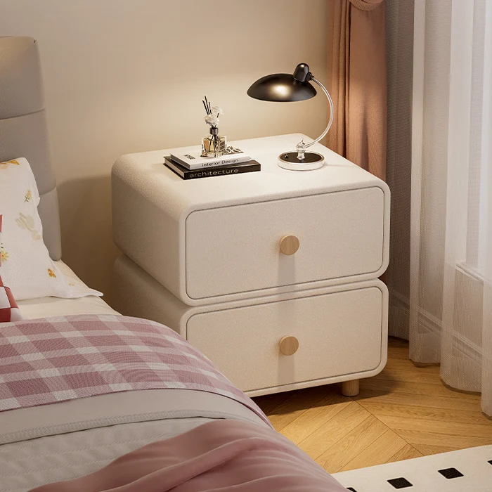 Traditional French Medium-Density Fiberboard Solid Wood Leather Rounded Nightstand With 2 Drawers For Bedroom
