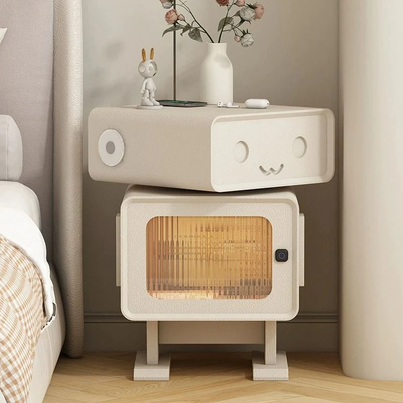 Contemporary Creative Leather Wood Glass Rounded Robot Side Table With 1 Drawer For Living Room