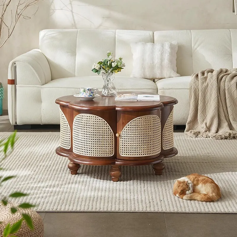 Traditional French Ash Wood Faux Rattan Floral-Shaped Coffee Table With 1-Cabinet For Living Room & Bedroom