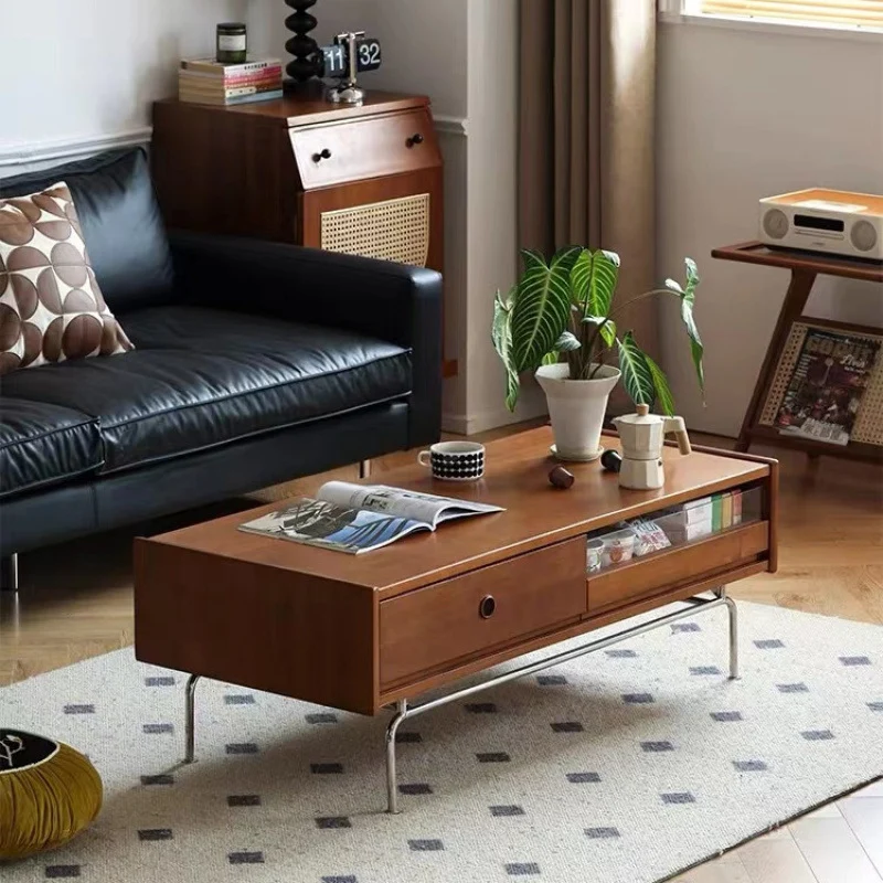 Traditional Japanese Pine & Plywood & Stainless Steel Rectangular Coffee Table With 2-Drawer For Living Room & Bedroom