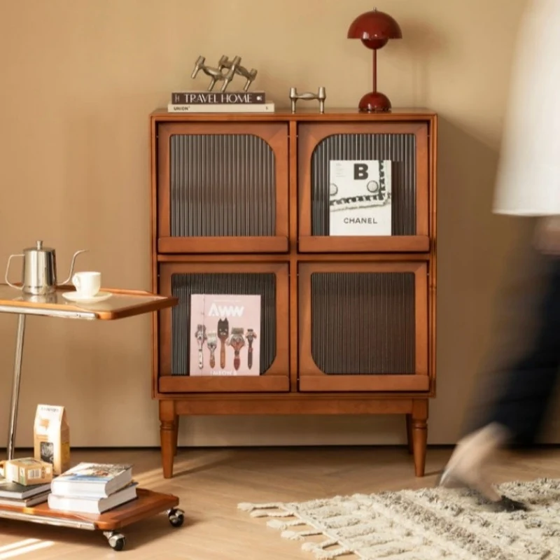 Traditional Vintage Wood & Glass Rectangular Console Table With 4-Cabinet Storage For Entryway & Living Room