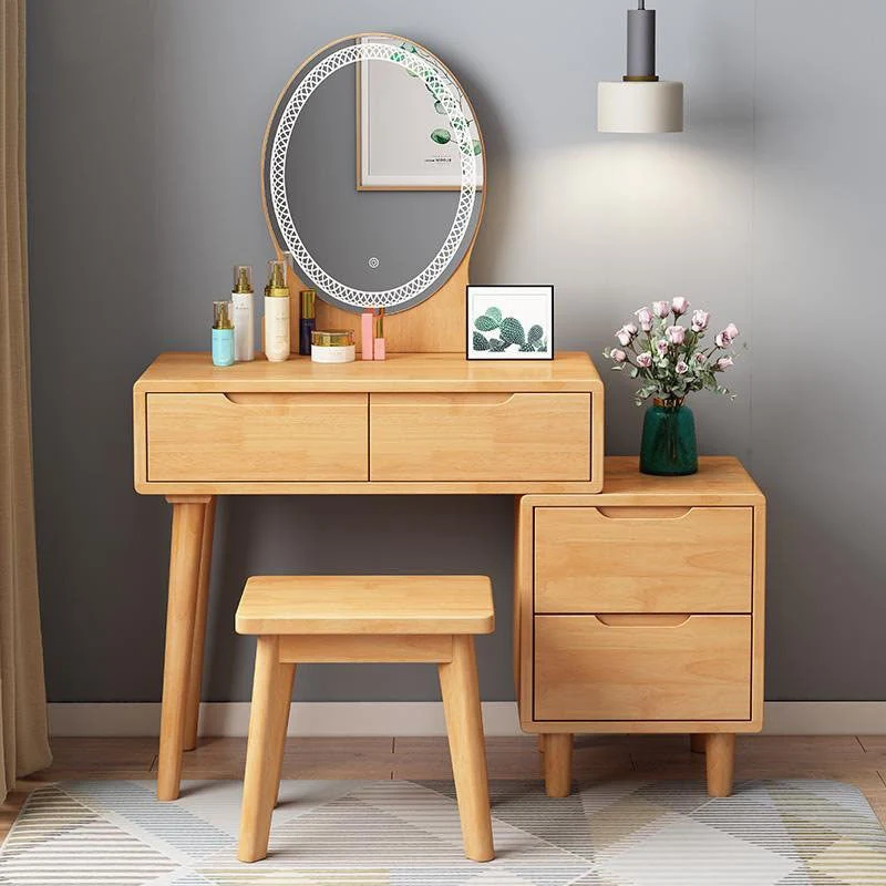 Rubberwood Vanity Table with Stool and 4 Drawers 15.74" Wide Makeup Table