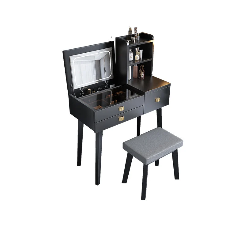Flip-Top Vanity Table 3-Drawer Stool Vanity Set with Storage Shelves