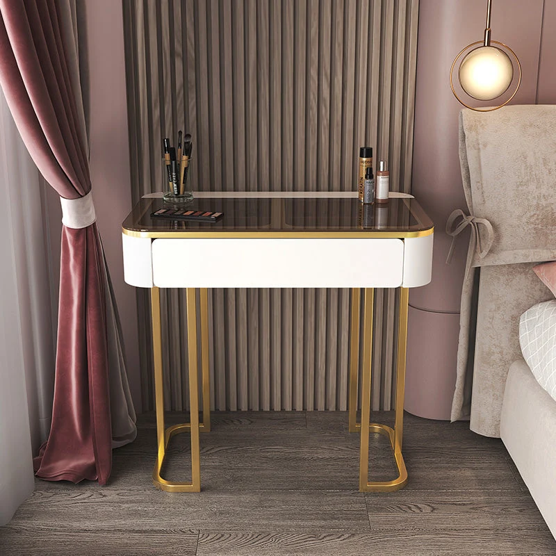 Glass Top Make-up Vanity Wood Dressing Table with Storage Drawers