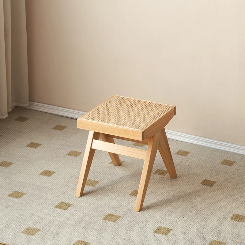 Traditional Japanese Rubber Wood And Faux Rattan Rectangular V-Leg Bench With Handwoven Seat For Entryway And Living Room