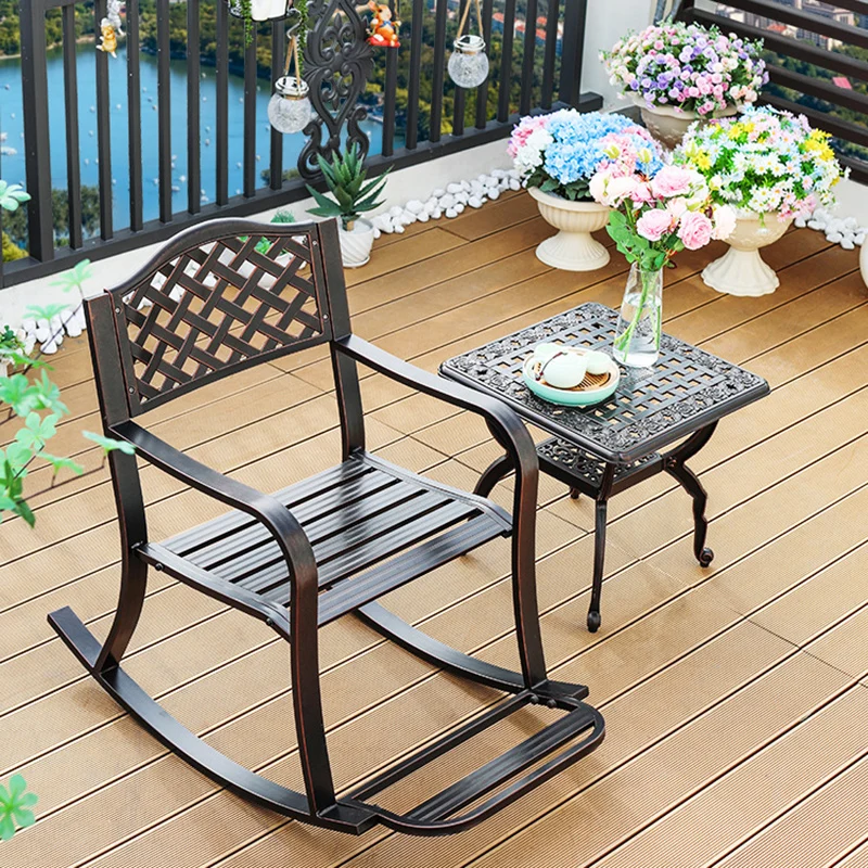Traditional European Waterproof Aluminum Square Floral Pattern Rocking Chair With Armrest And Footrest For Outdoor Patio