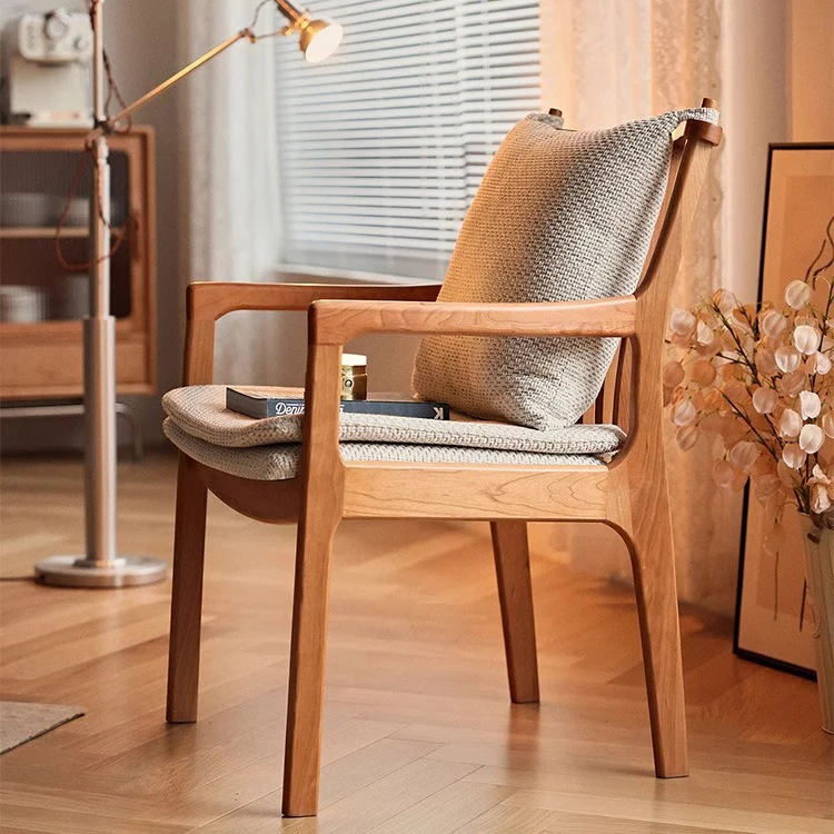Contemporary Nordic Solid Wood Fabric Square Dining Chair With Backrest & Armrests For Living Room And Dining Room
