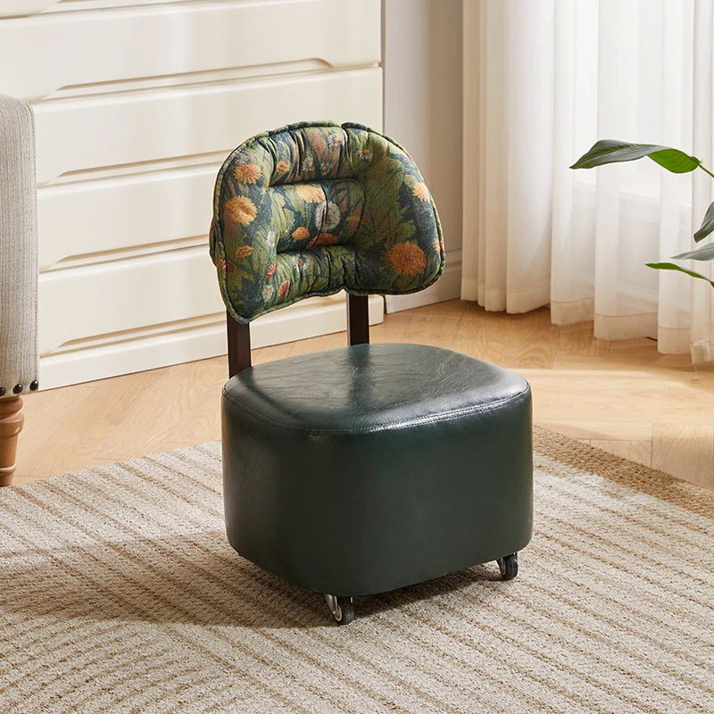 Modern Mid-Century Faux Oil Wax Leather & Linen Metal Rounded Square Low Stool With Backrest And Mobility For Living Room