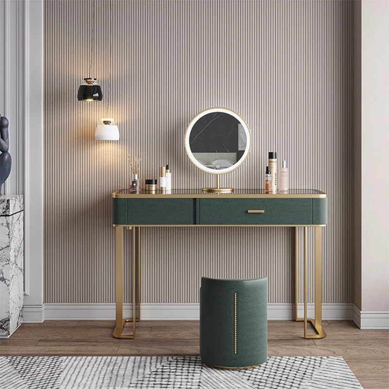 Glass Top Vanity Table 2-Drawer Stool Vanity Set with Lights Mirror