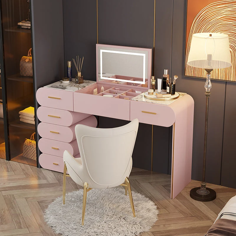 Flip Single Mirror Dresser Stone Top Vanity Desk with 6 Drawers