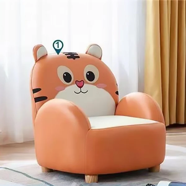 Modern Art Deco Kids Faux Leather Solid Wood Tiger & Bear Shape Chair With Backrest Armrests For Bedroom & Living Room