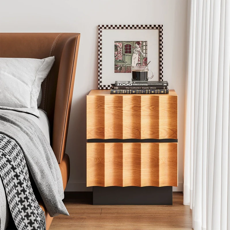 Contemporary Retro Square Water Ripples Red Oak Pine Medium-Density Fiberboard Nightstand 2 - Drawer For Bedroom