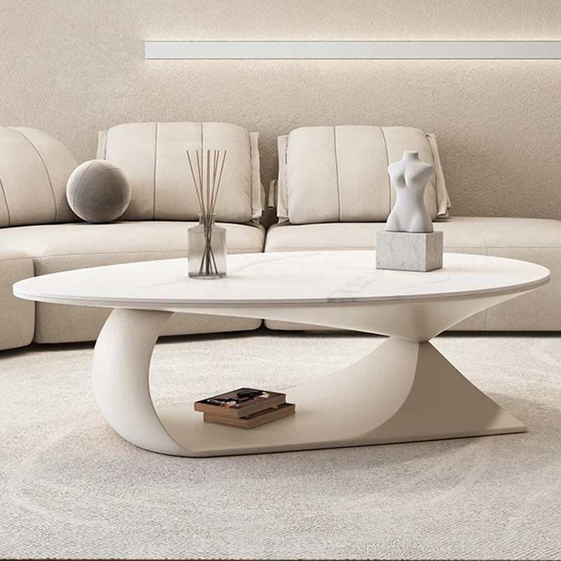 Modern Minimalist Oval Rock Slab Rubberwood Coffee Table For Living Room & Bedroom