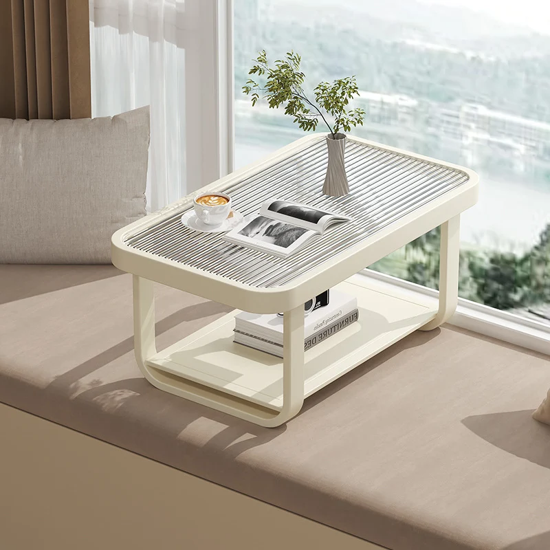 Modern Minimalist Glass Carbon Steel Rectangular Low Coffee Table With 2-Tier Design For Living Room