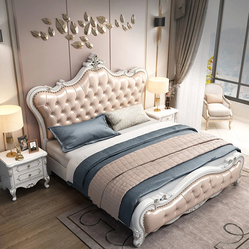 84.65 inch Wide Victorian Bed Frame Rubberwood Bed with Upholstered Headboard