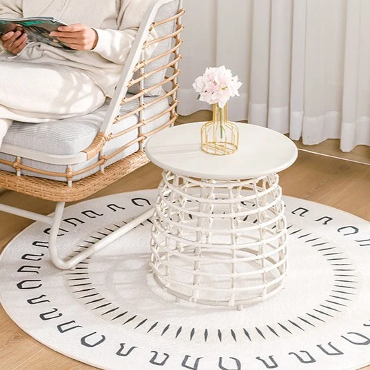 Contemporary Boho Round Top Openwork Carbon Steel Base Side Table For Living Room