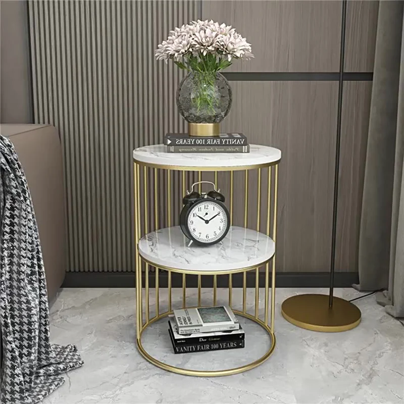 Contemporary Nordic Cylinder Stone Slab Iron Side Table 3 - Tier For Living Room