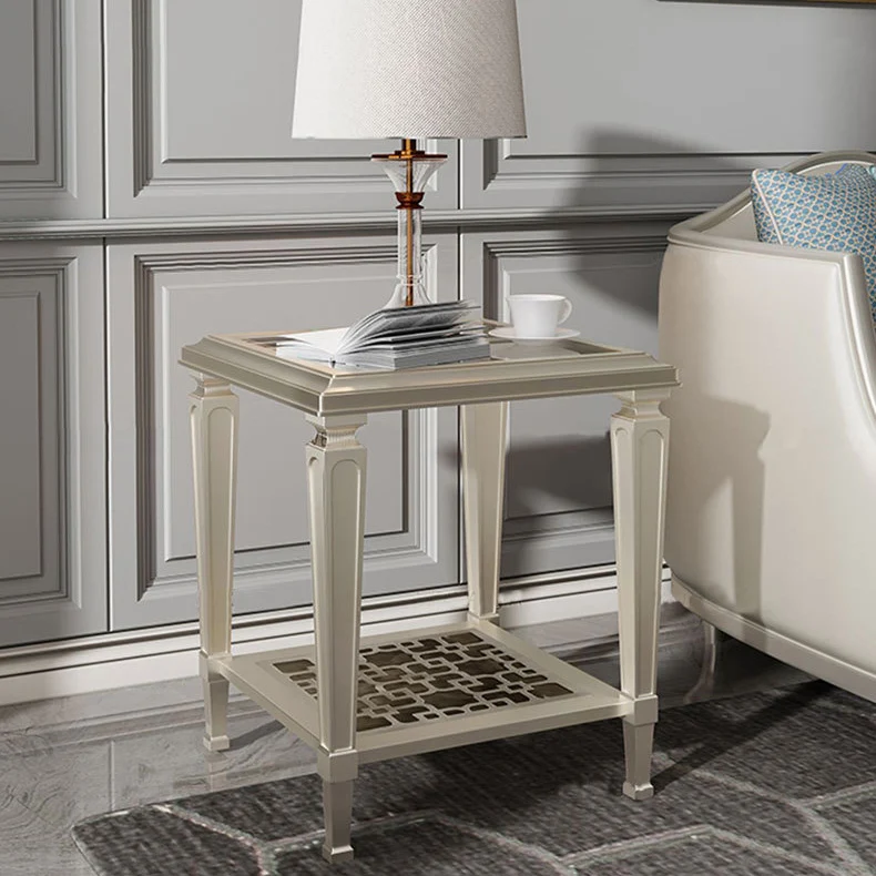 Contemporary Nordic Rubberwood Glass Hollow Square Rectangular Coffee Table With 2 Tiers For Living Room